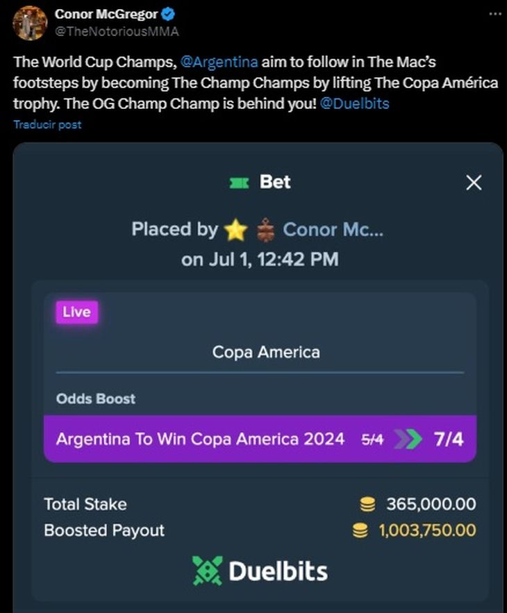 Conor McGregor's post on X, betting on the Argentine National Team. Conor McGregor's post on X, betting on the Argentine National Team.