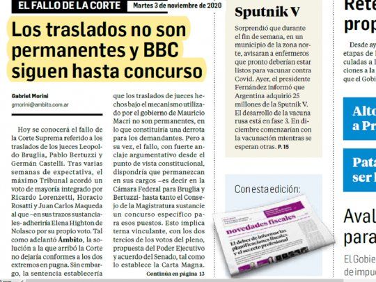 Así se informa Tapa nota Morini jueces fallo Corte