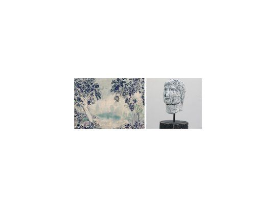 A la izquierda, la pintura «Paysage blue», un viaje de Grondona al pasado impresionista. A la derecha una escultura en la que el artista se las ingenia para superar la mera percepción visual, para remitir al espectador al mundo de las ideas.