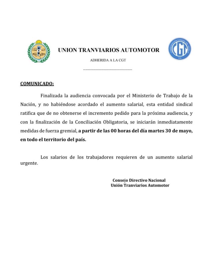 Comunicado de la UTA.