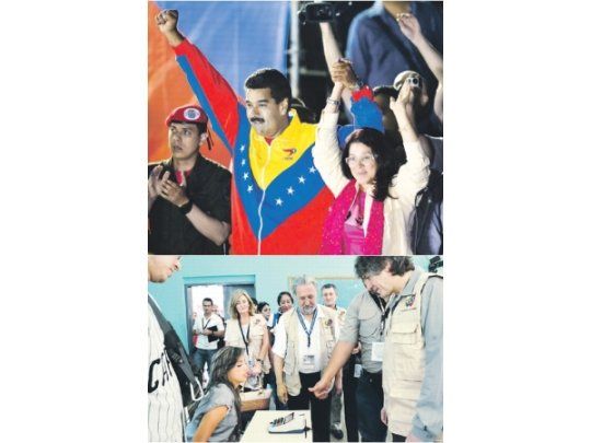 Nicolás Maduro dirigió anoche un discurso a sus seguidores desde el Palacio Mirafl ores. El texto fue errático,intentó justifi car en varios tramos la exigua diferencia a su favor, y negó un fraude que, previsiblemente, denunciaríanlos opositores (arriba). AmadoBoudouobservó ayerla jornadaelectoral y,por la noche,celebró juntoa NicolásMaduro (abajo).