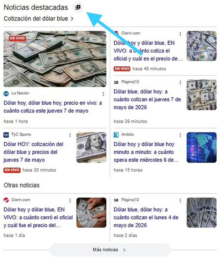 En el panel de Noticias Destacadas, el usuario deberá hacer click sobre el ícono para configurar sus preferencias.